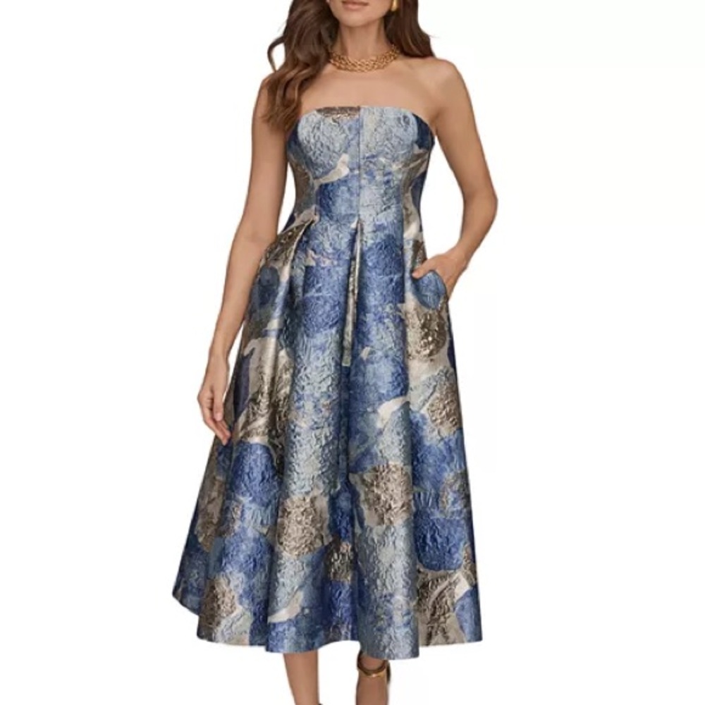 Donna Karan Strapless Jacquard Midi Dress